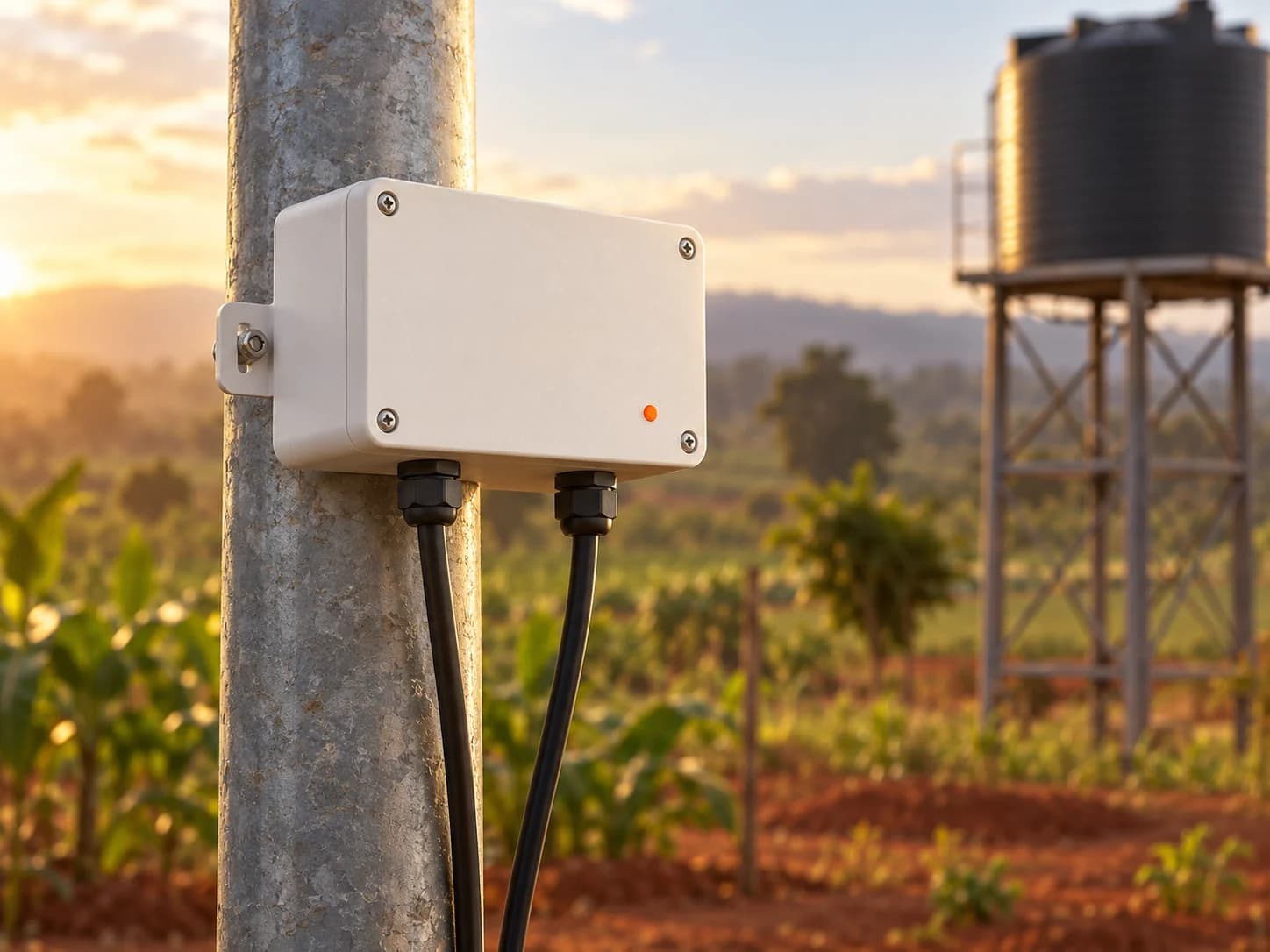 The sensor enclosure on a steel pole beside a farm water tank