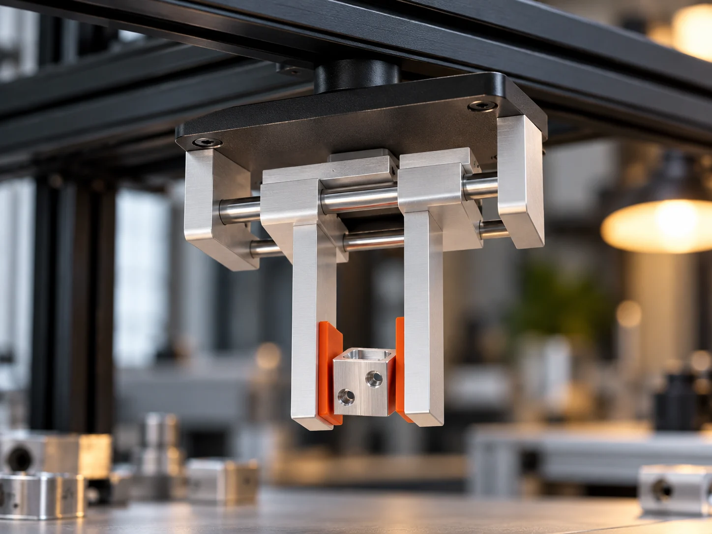 The parallel gripper on an aluminium frame, closing on a machined part